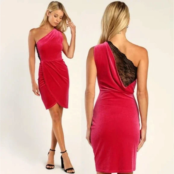 Lulus NWT All The Luxe Velvet Lace One-Shoulder Tulip Mini Dress Hot Pink Sz S - Picture 1 of 8